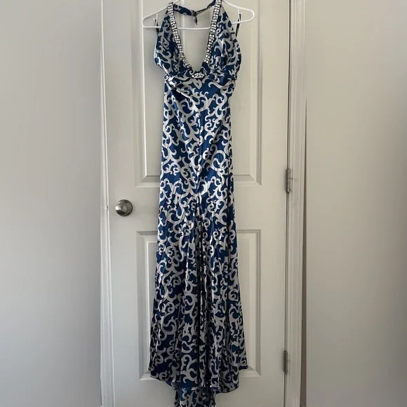 Bebe Dresses | Bebe Navy Blue And White Rhinestone Satin Gown. Only Worn Once. | Color: Blue | Size: M | Pm-14653709's Closet